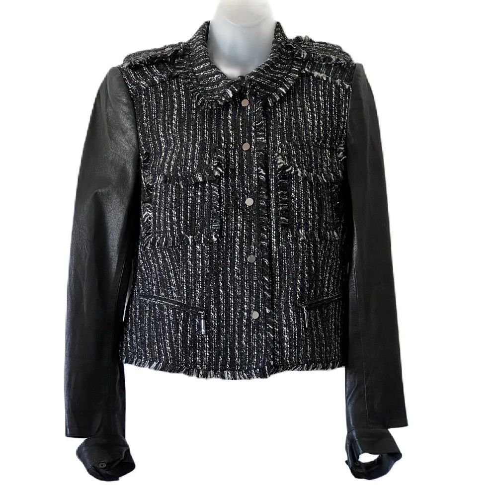 Stella & Jamie Blazer Jacket‎ Sz M Black White Tweed Snap Closure Leather Arms